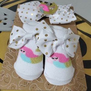 New Baby essentials white and pink mermaid sock booties and hair bow set